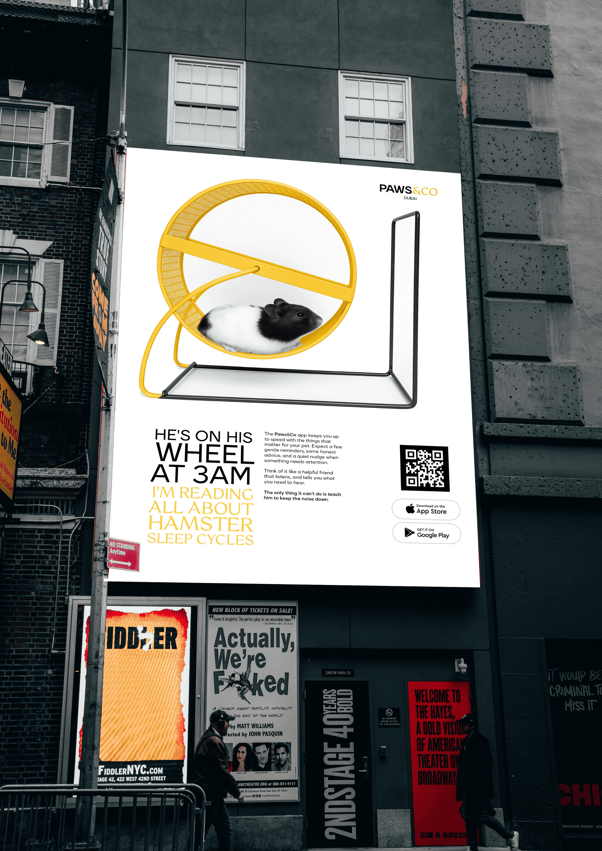 Billboard: He's on his wheel at 3am. I'm reading all about hamster sleep cycles. Download the Paws & Co app.