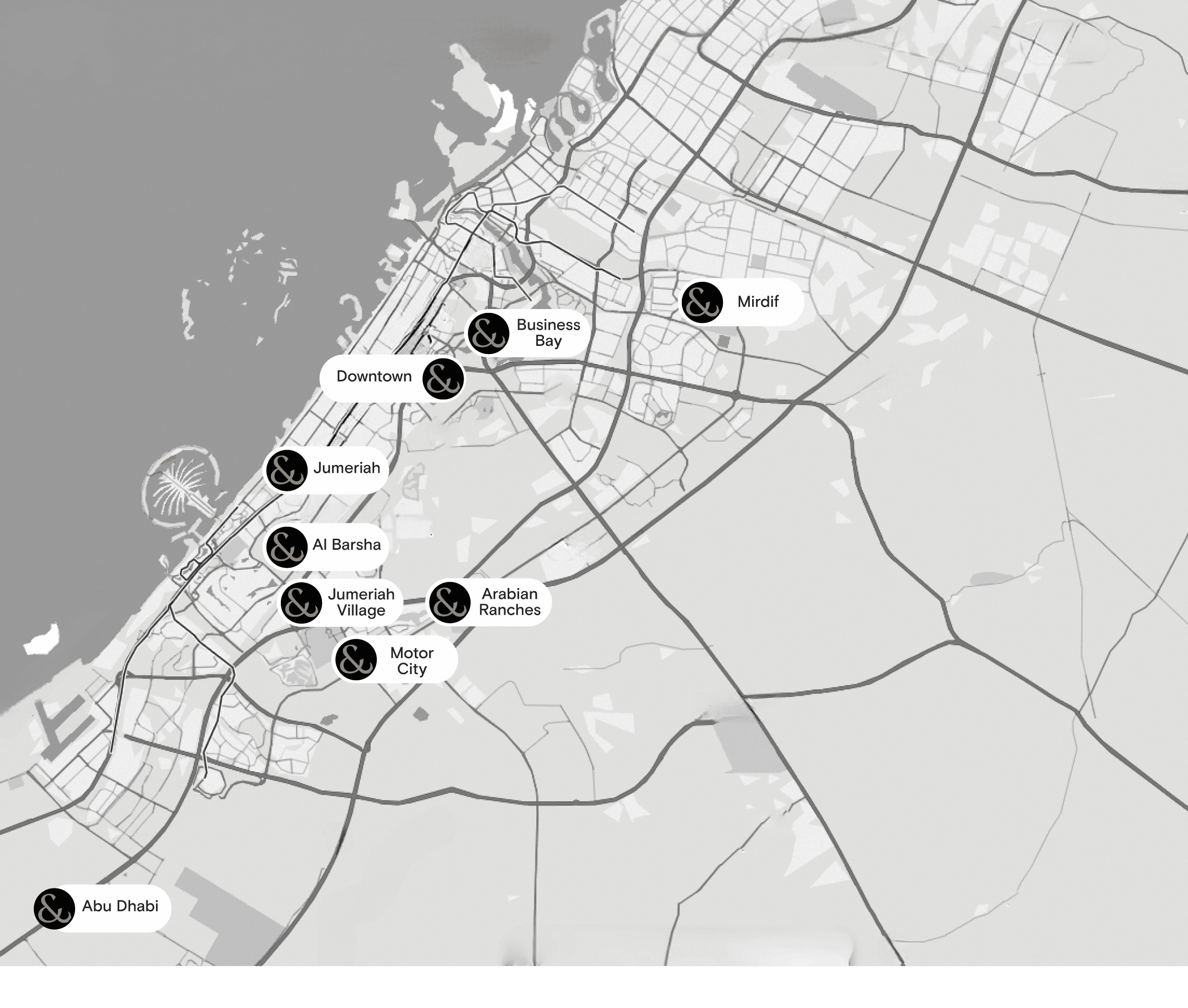 Dubai map showing target Paws & Co locations
