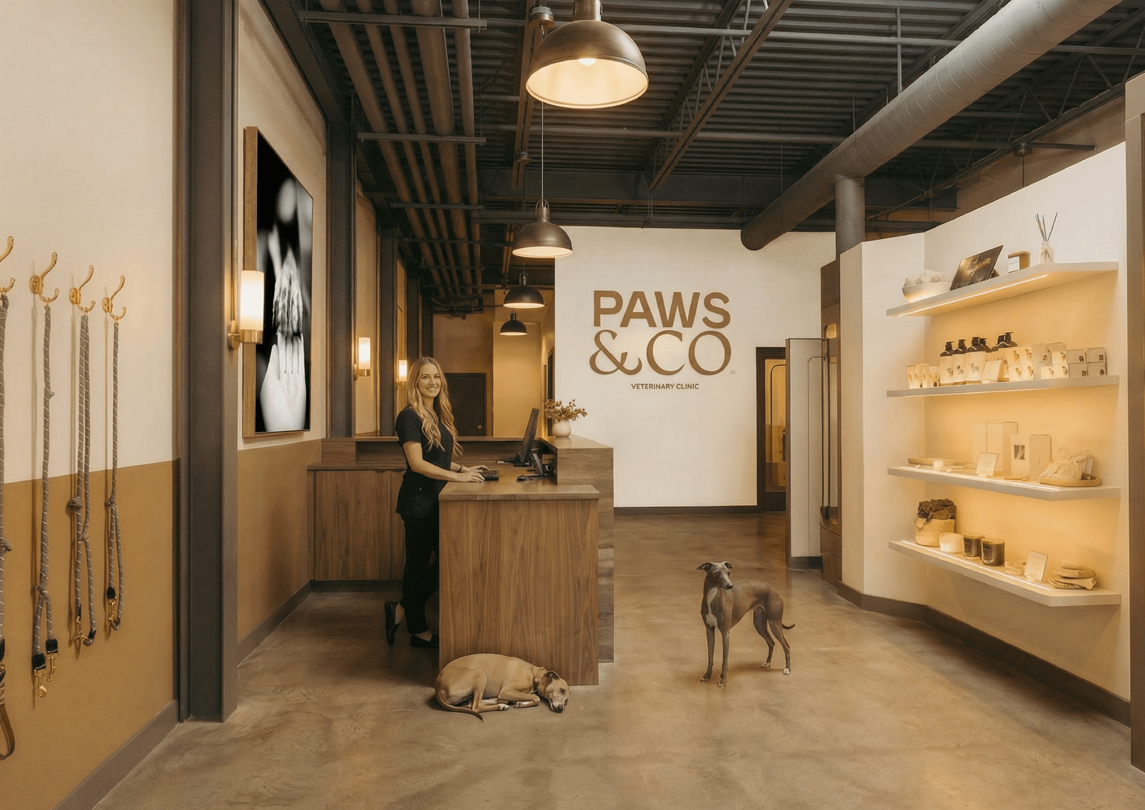 Paws & Co reception area with staff, greyhound and resting dog