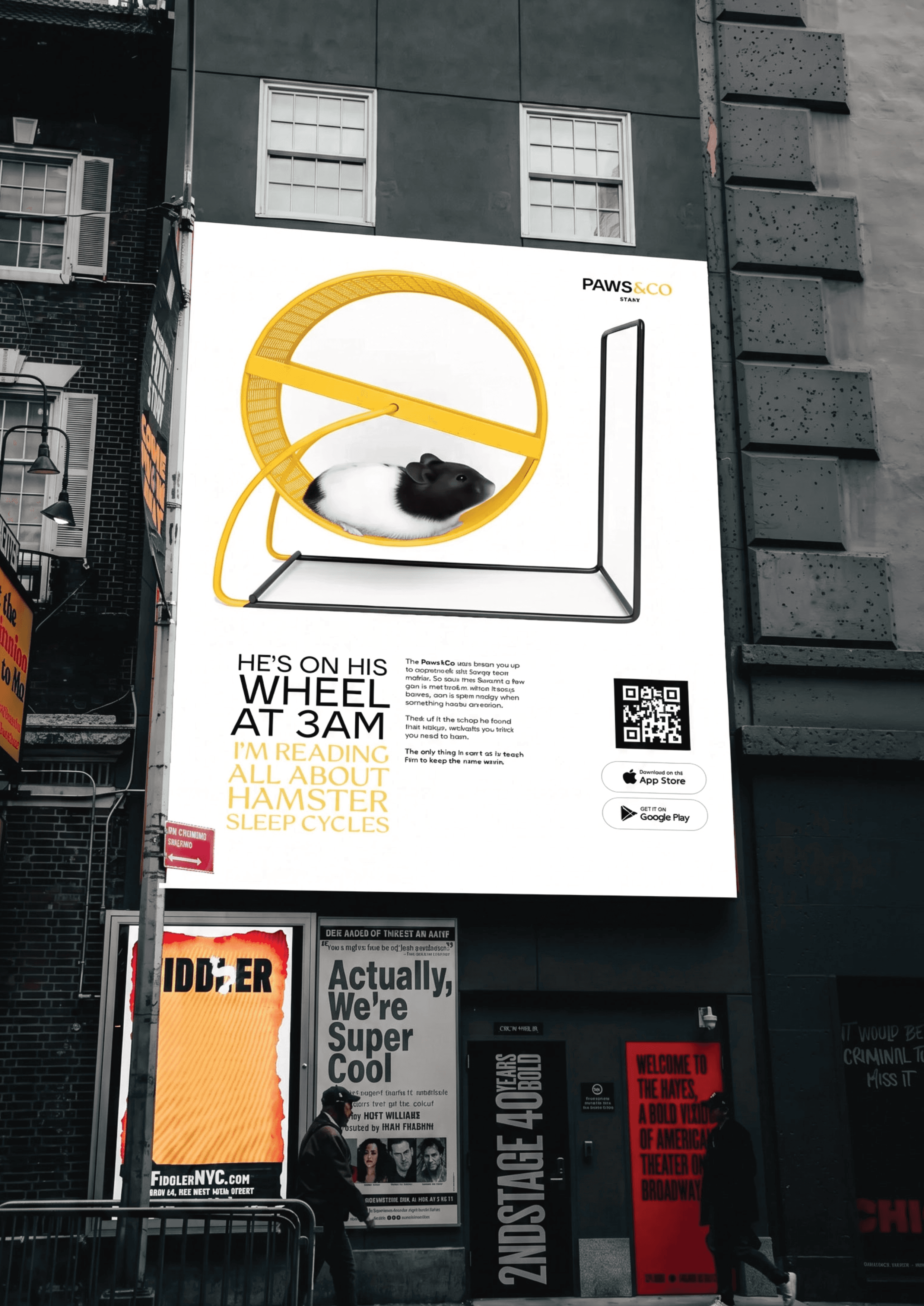 Billboard: He's on his wheel at 3am. I'm reading all about hamster sleep cycles. Download the Paws & Co app.