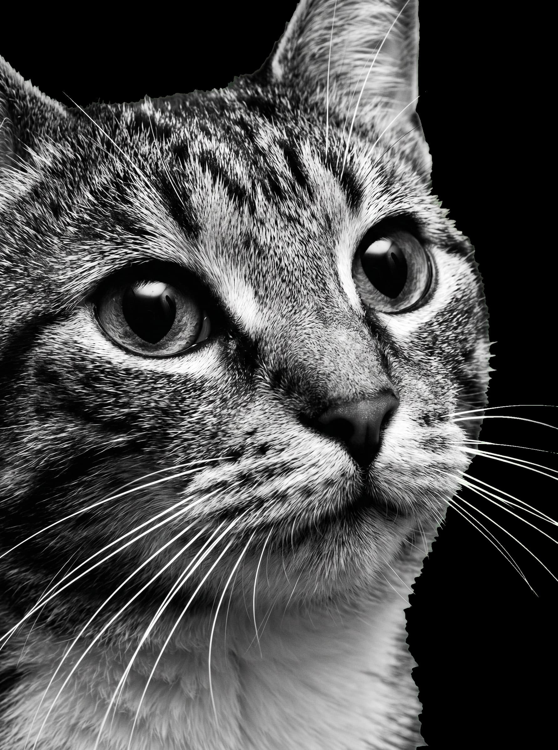 Close-up of a tabby cat face in black and white