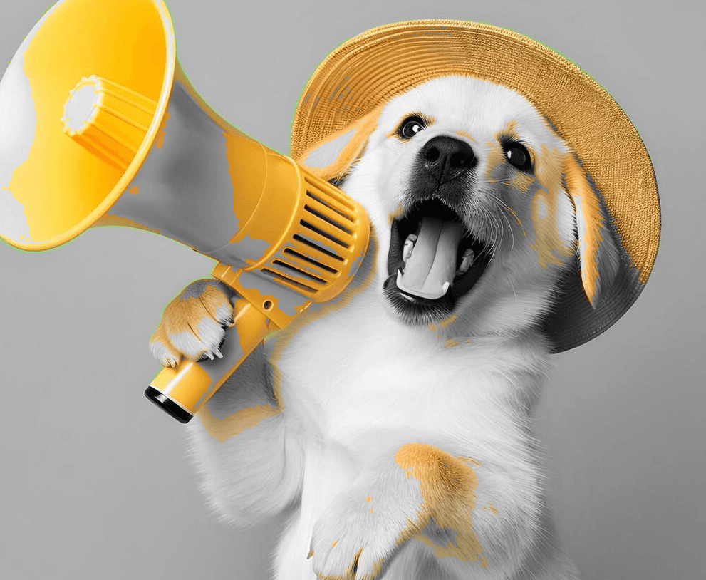 Puppy with straw hat holding a yellow megaphone