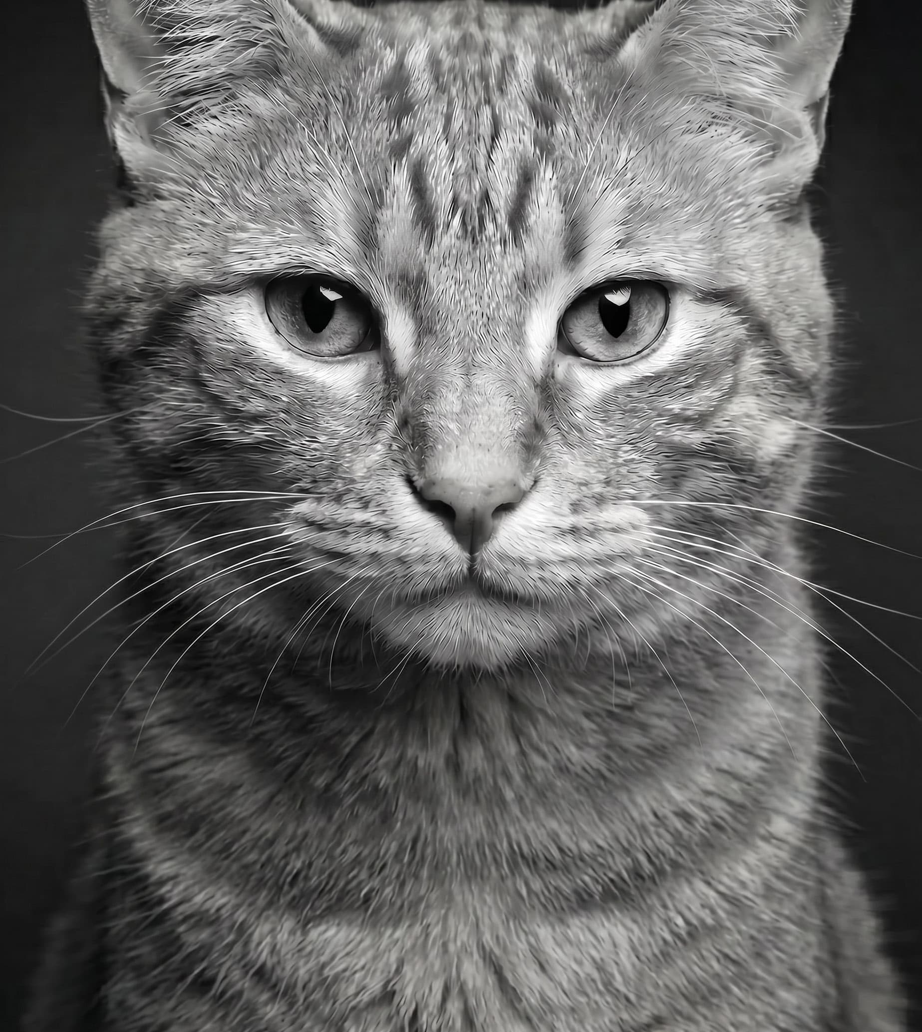 Close-up black and white portrait of a cat